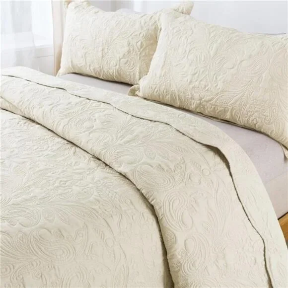 NEW Anthro White Cream Queen King Reversible Quilt Bedspread Blanket & Sham Set